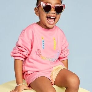 Pink Toddler Birthday Girl Sweatshirt w/ Candle Design & Pastel Rainbow Letters